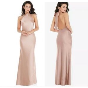 Social by Dessy 8223 Scarf Tie Halter Maxi Gown‎ Dress, Cameo Beige, Size M NWT